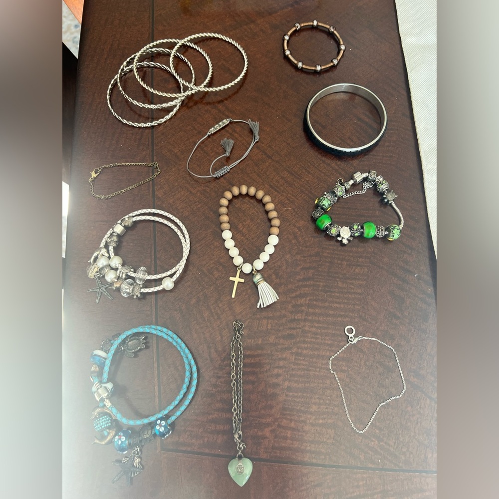 Lot 14 Bracelets Leather Charms Jade Leather Bangles Chains Silver Gold Tone